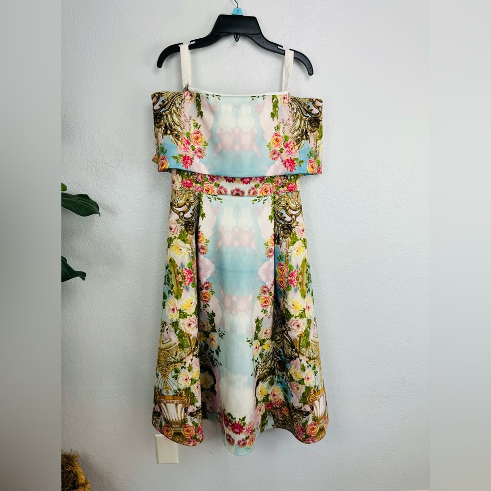 ASOS Gold Pastels Baroque Garden Pleated Off Shoulder Barot Dress - Picture 2 of 8